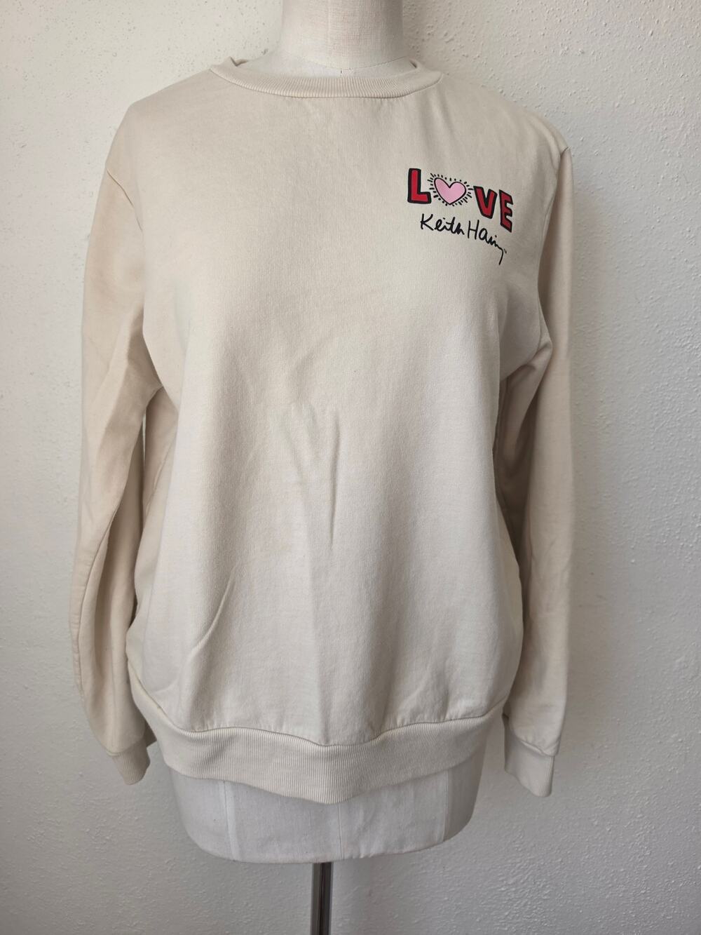 Keith Haring Love Graphic Crewneck Sweater Size  S Cream Pop Art Sweatshirt